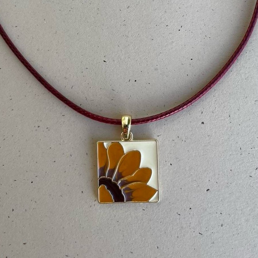 Gold-tone Square Sunflower Pendant Cord Necklace